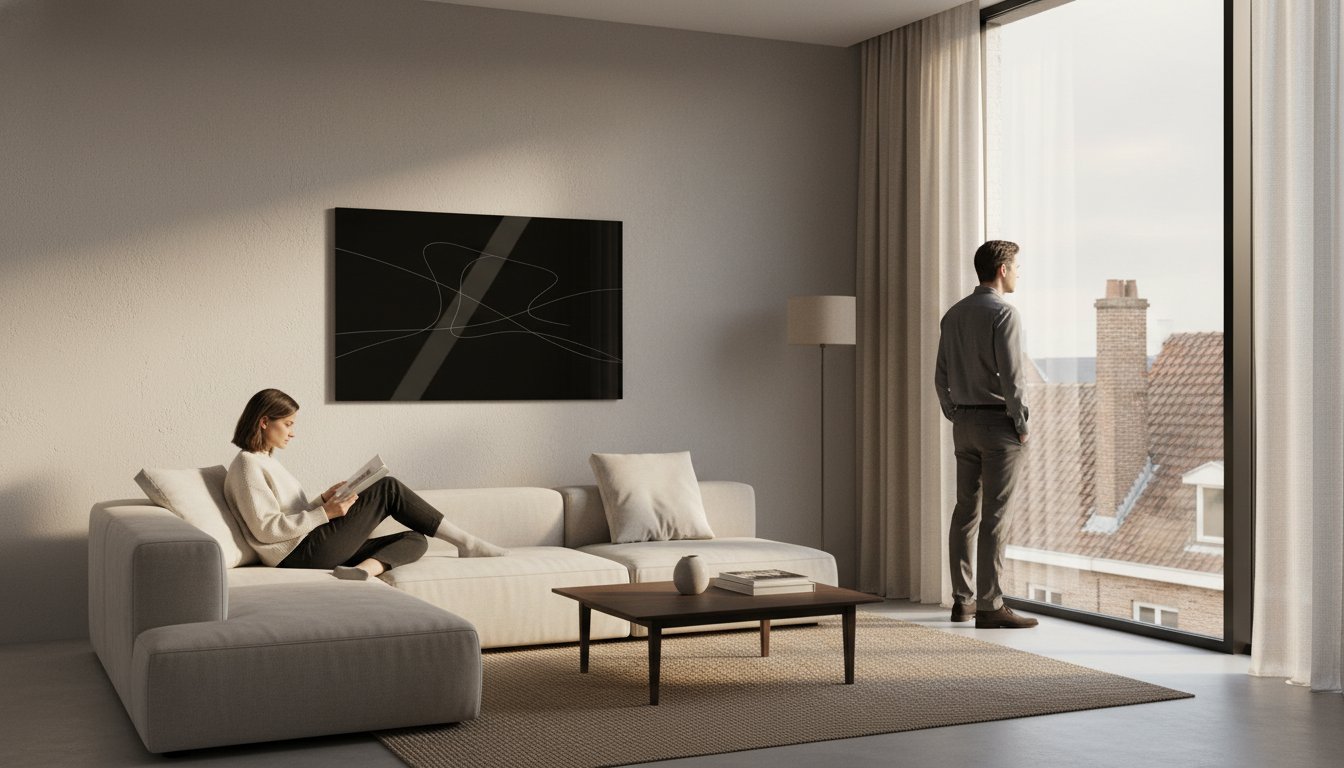 Panneau infrarouge noir au mur d’un salon lumineux