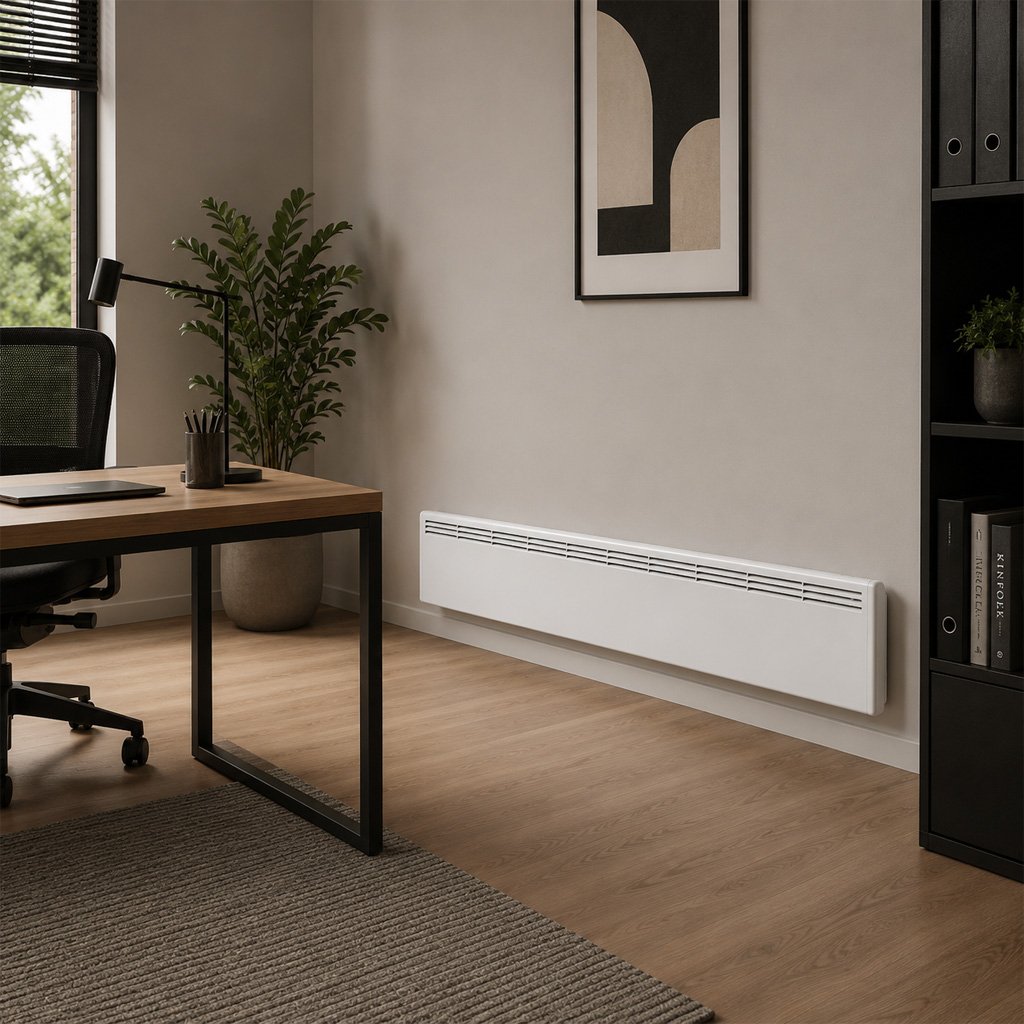 Radiateur mural bas dans un intérieur avec bureau et parquet