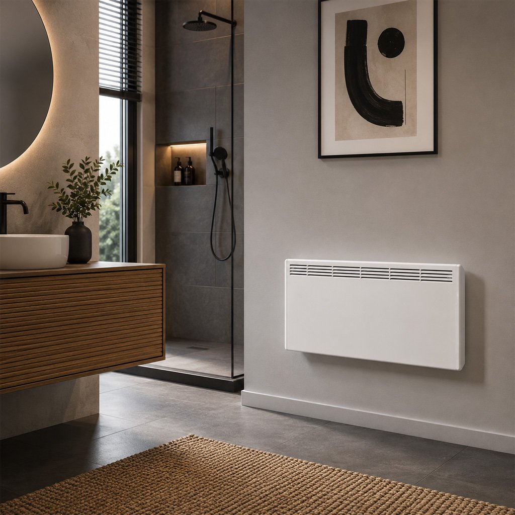 Radiateur électrique blanc dans une salle de bains aux tons naturels