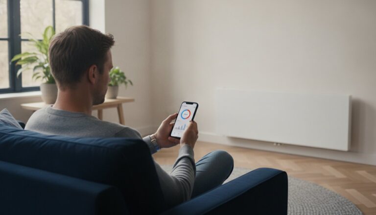Personne utilisant un téléphone près d’un convecteur mural blanc