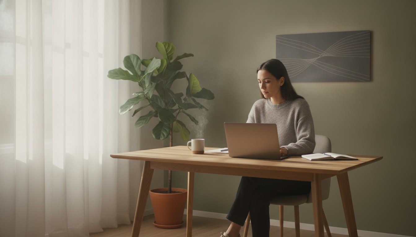 Espace de travail à domicile avec un panneau de chauffage au mur