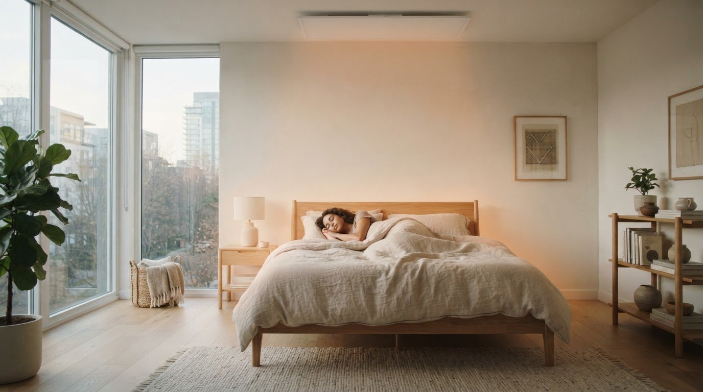 Chambre chaleureuse avec panneau de chauffage au plafond, bois clair et lumière naturelle